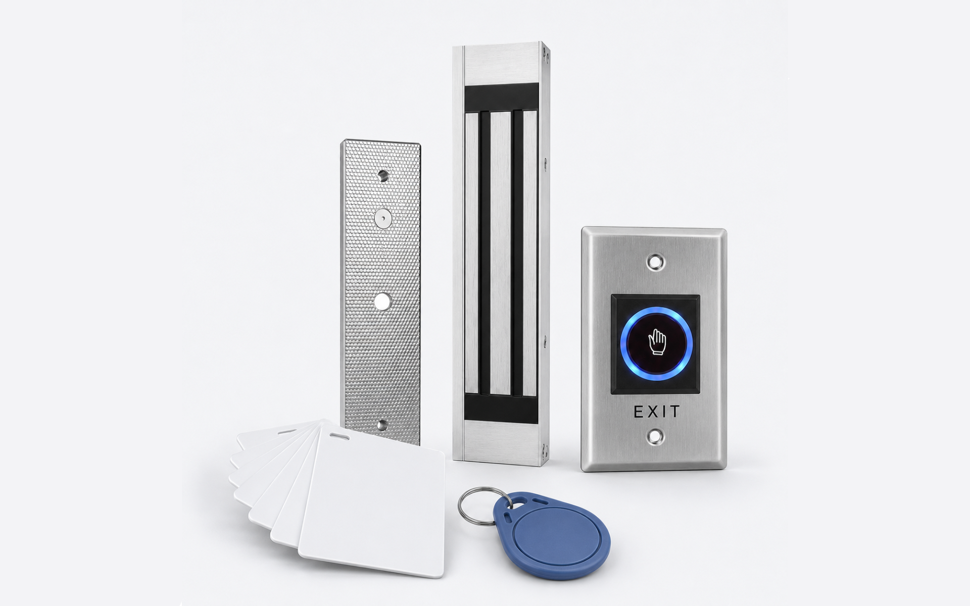 Ibex access essentials — magnetic lock, touchless exit button, RFID cards and key fob.