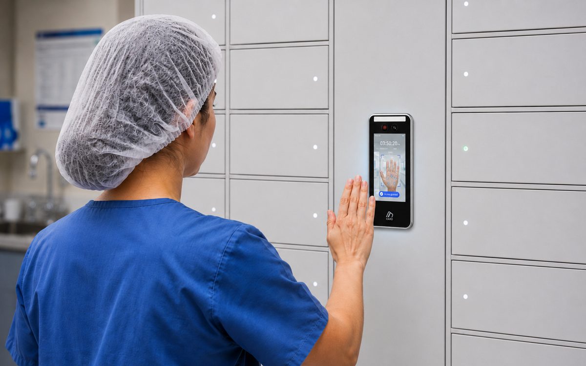 Illustration of a person using a biometric reader beside asset lockers