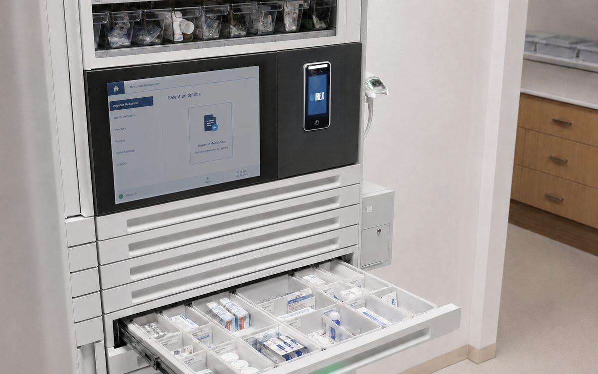 Illustration of a medication cabinet with a biometric reader