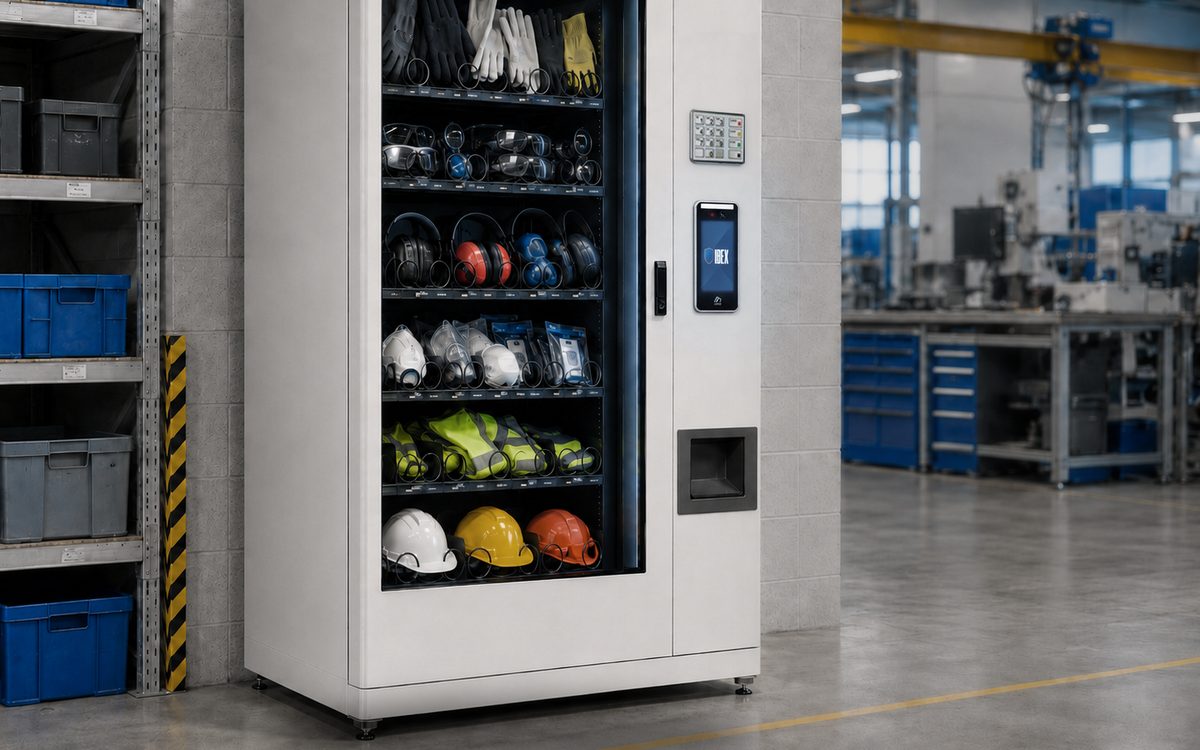 Illustration of a PPE cabinet with a mounted biometric reader