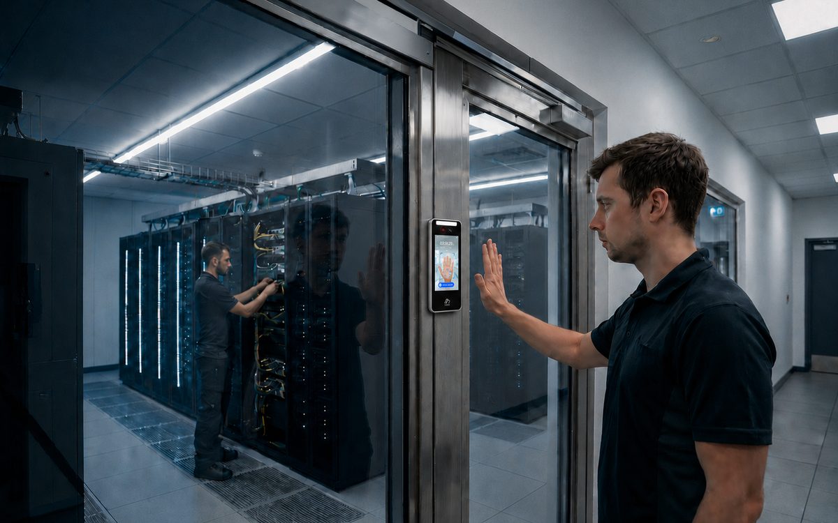 Illustration of a person using a biometric reader at a server room door