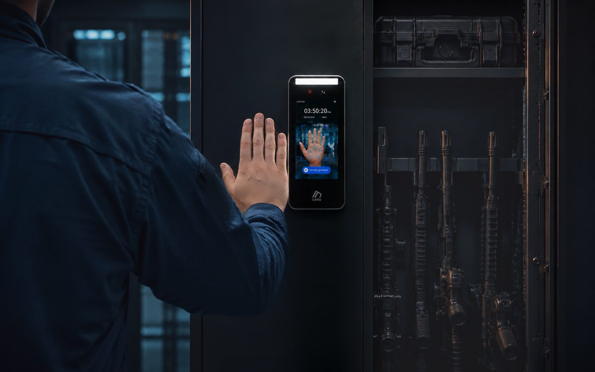 Illustration of a biometric reader beside secured weapons storage
