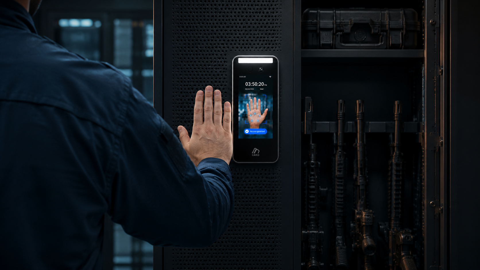 Authorized user opening a secured armory with an Ibex palm-vein reader