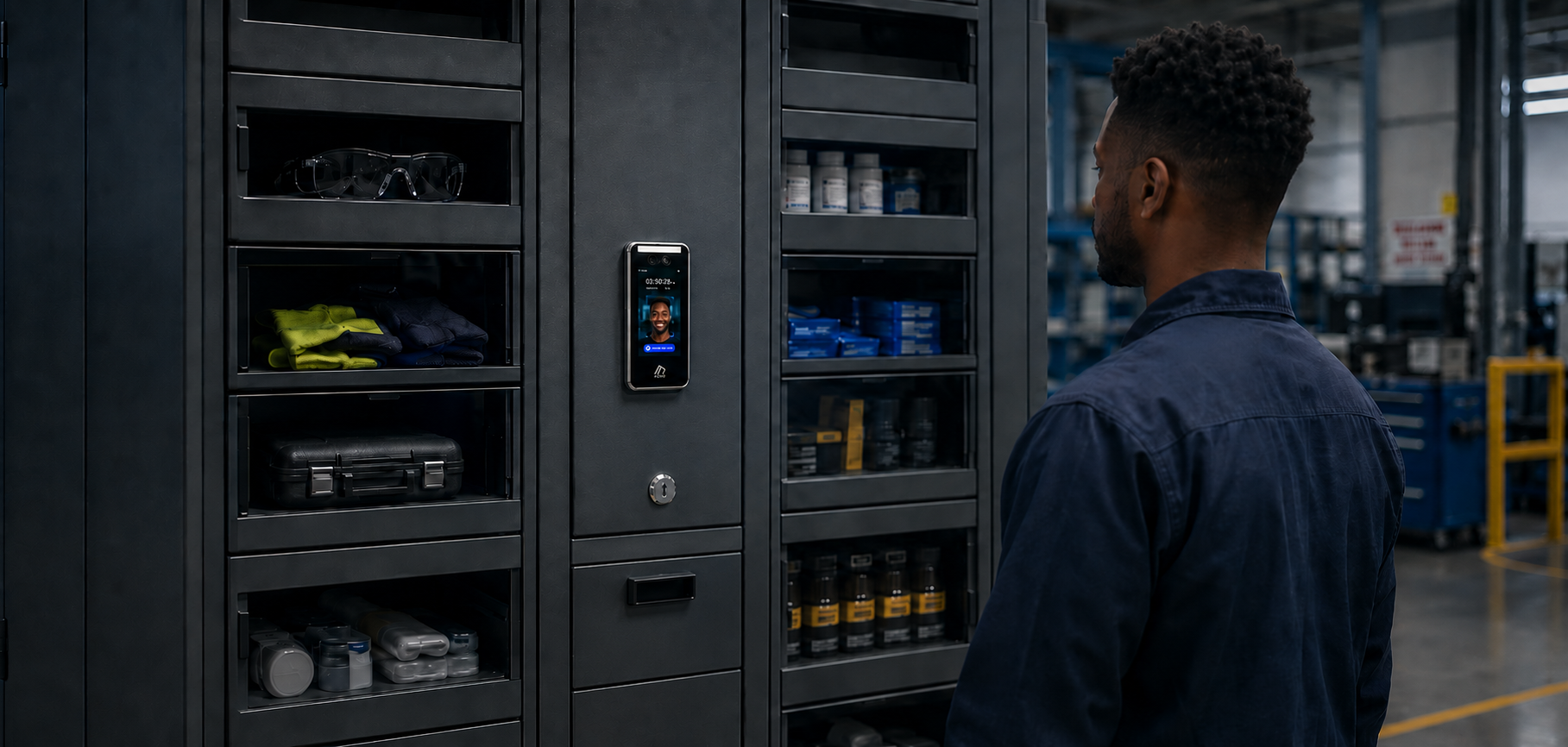 Worker using an Ibex biometric reader on an industrial supply dispenser