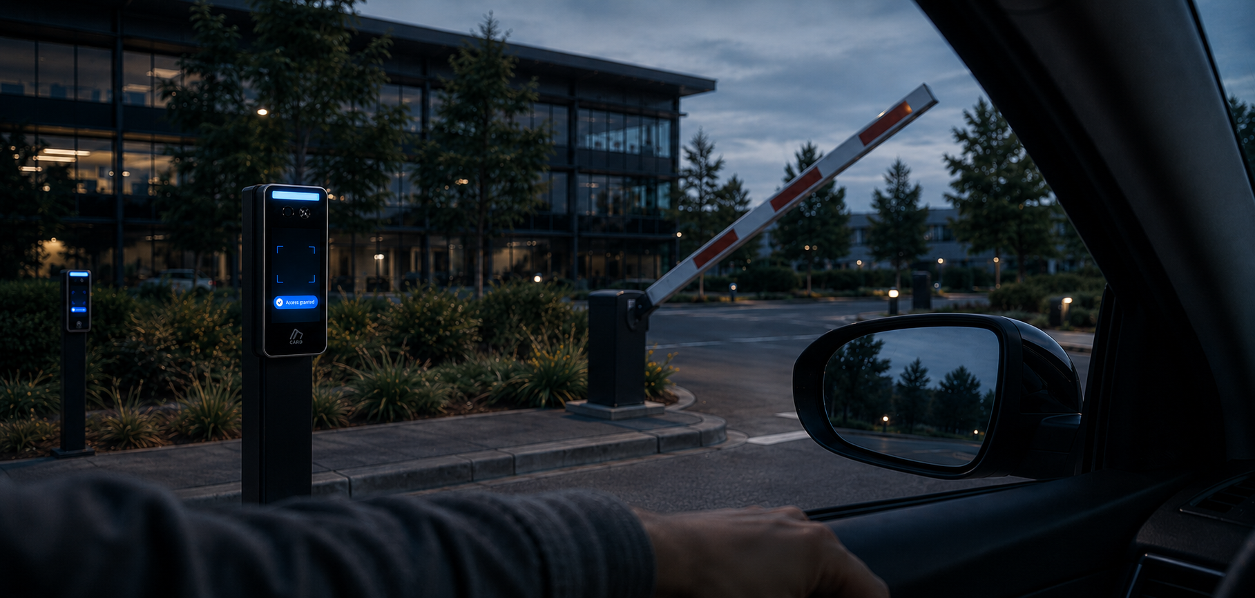 Driver approaching a parking barrier secured by an Ibex biometric reader