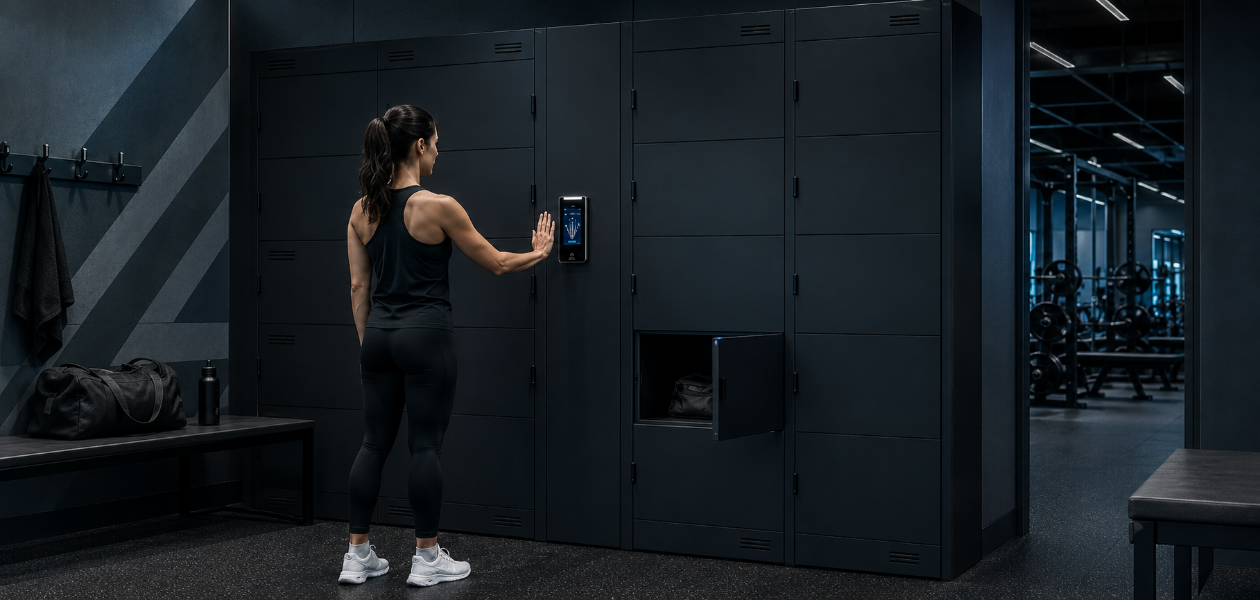 Gym member opening a smart locker using an Ibex palm-vein reader