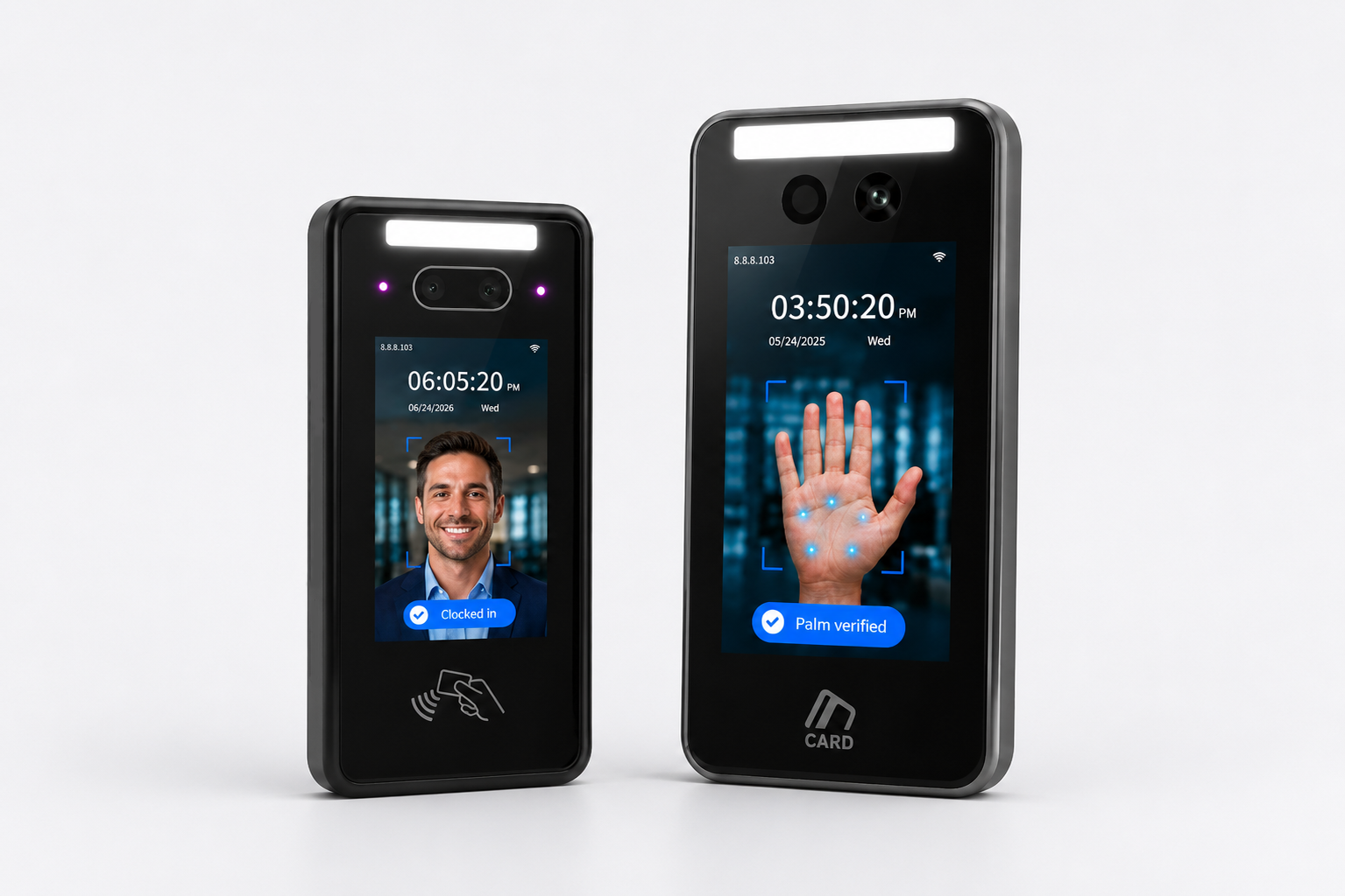 Two Ibex Ez devices showing facial and palm-vein clock-in for time and attendance