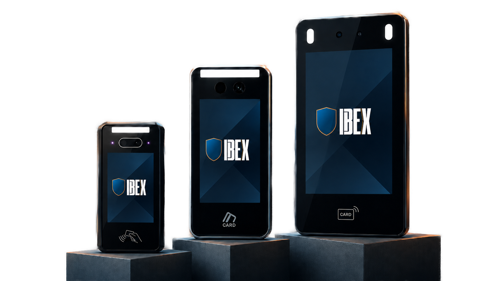 Ibex Ez line — three facial + palm-vein readers on pedestals