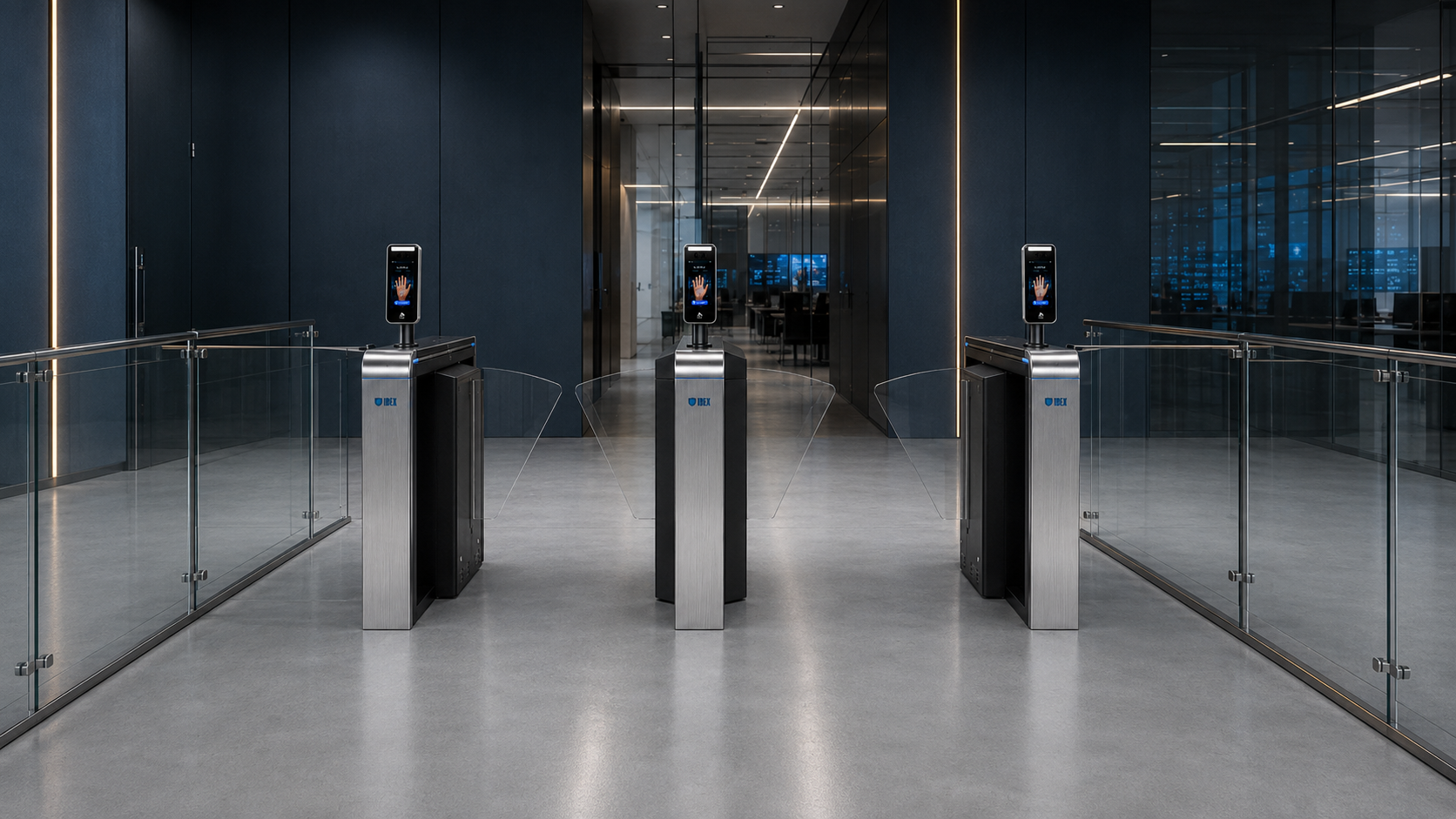 Front view of three Ibex turnstiles with Ez line readers in a corporate building