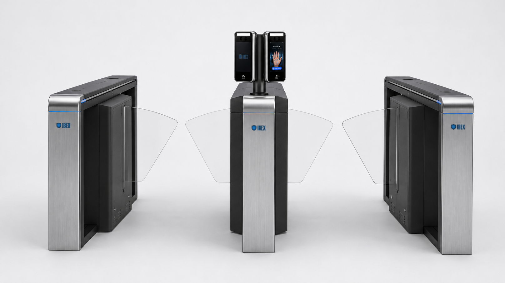 Ibex-compatible flap barriers, swing gates and tripod turnstiles with an Ez line device mounted on top.