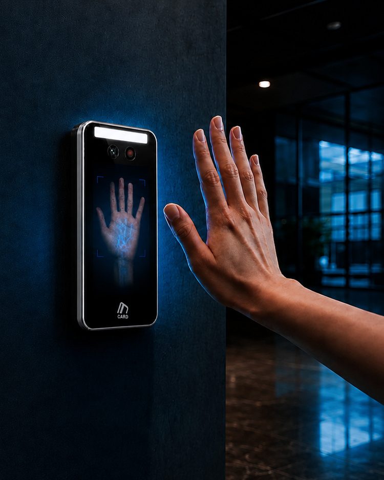 Person presenting their palm to an Ibex Ez device mounted on a wall