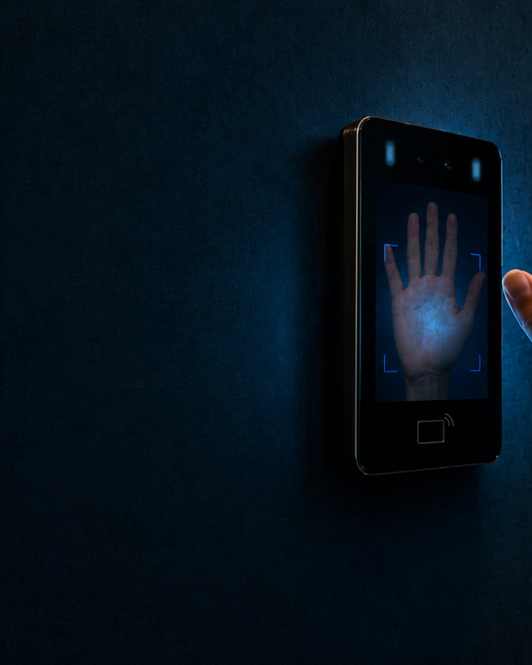 Person presenting their palm to an Ibex Ez device mounted on a wall
