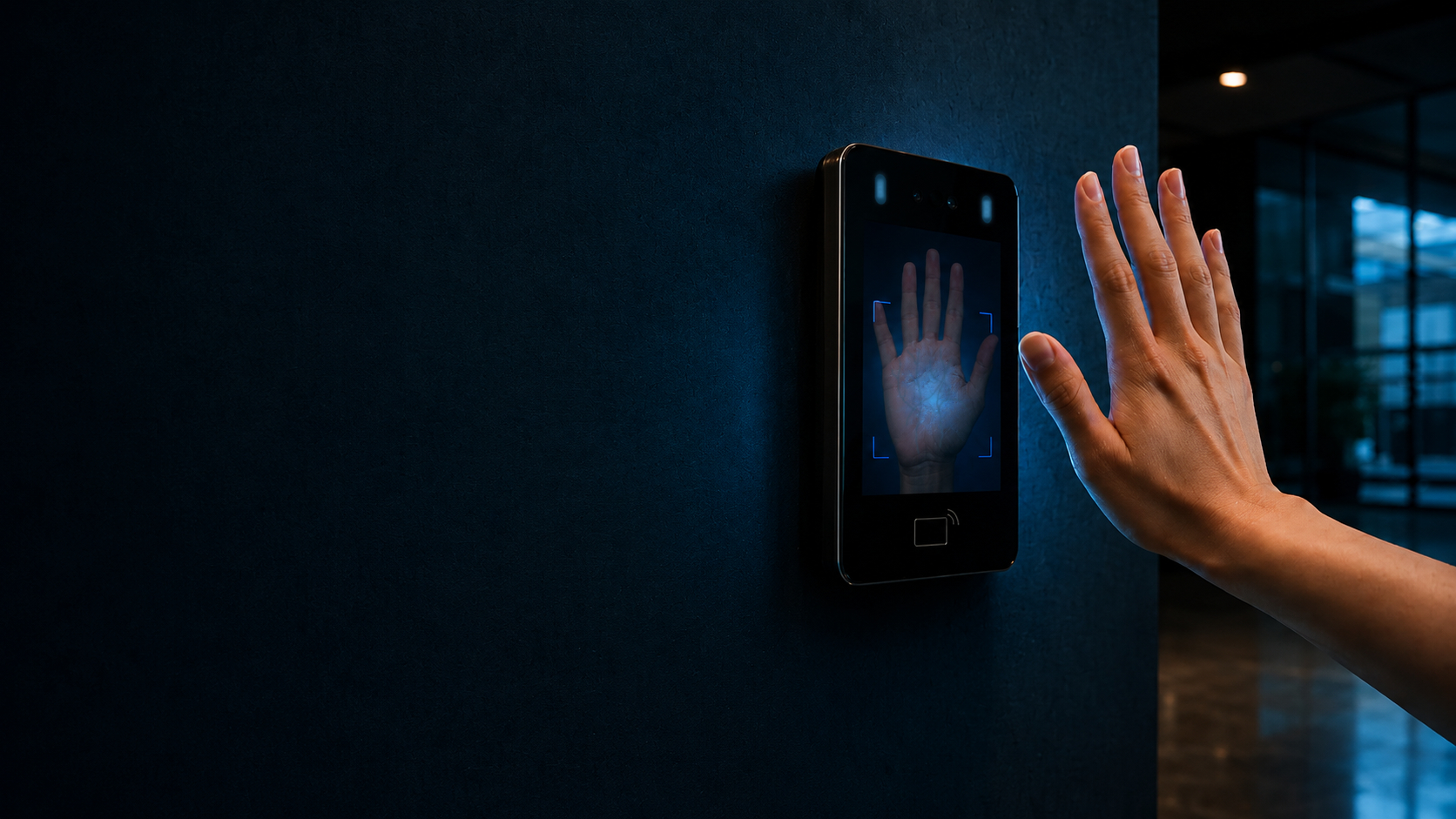 Person presenting their palm to an Ibex Ez device mounted on a wall