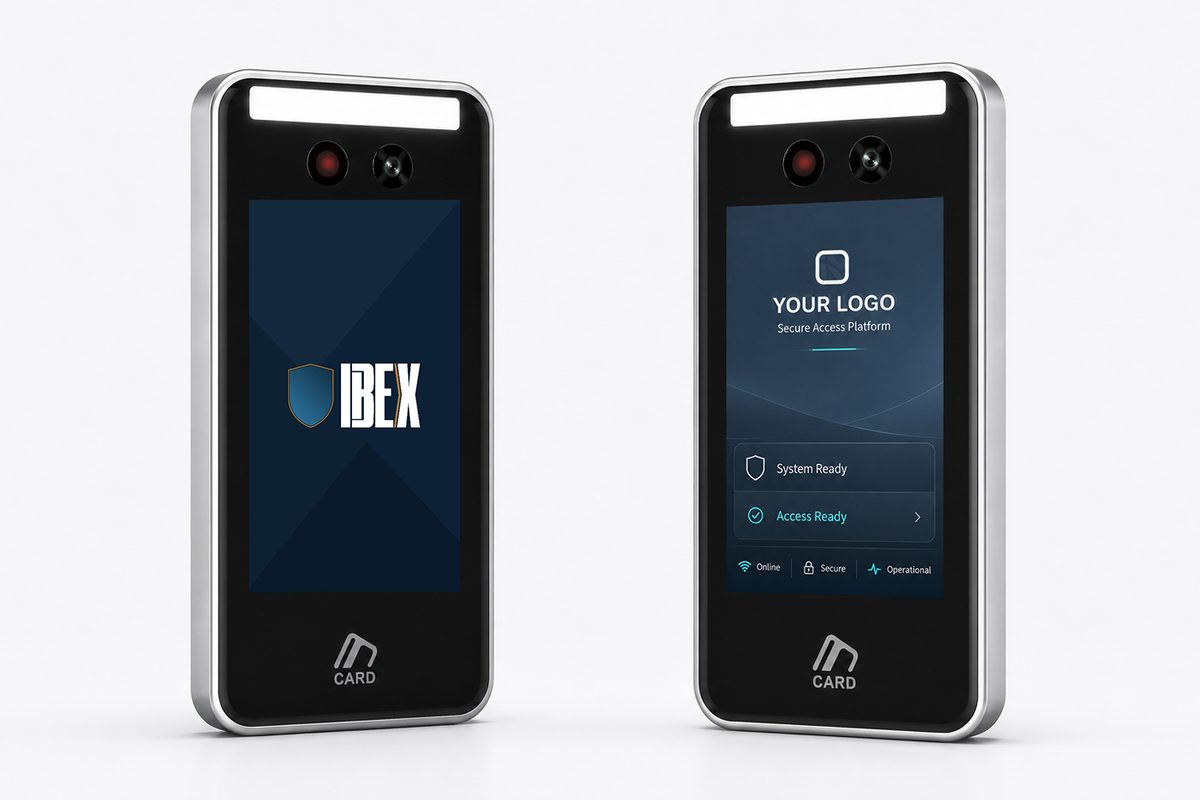 Ibex-branded device beside a white-label version with a sample customer logo